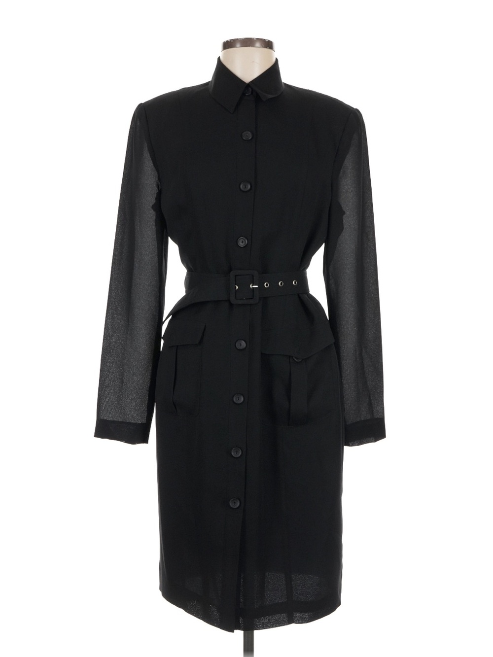 Calypso Basic Black Shirt Dress Size 8 Belted Button Front Sheer Sleeve Midi